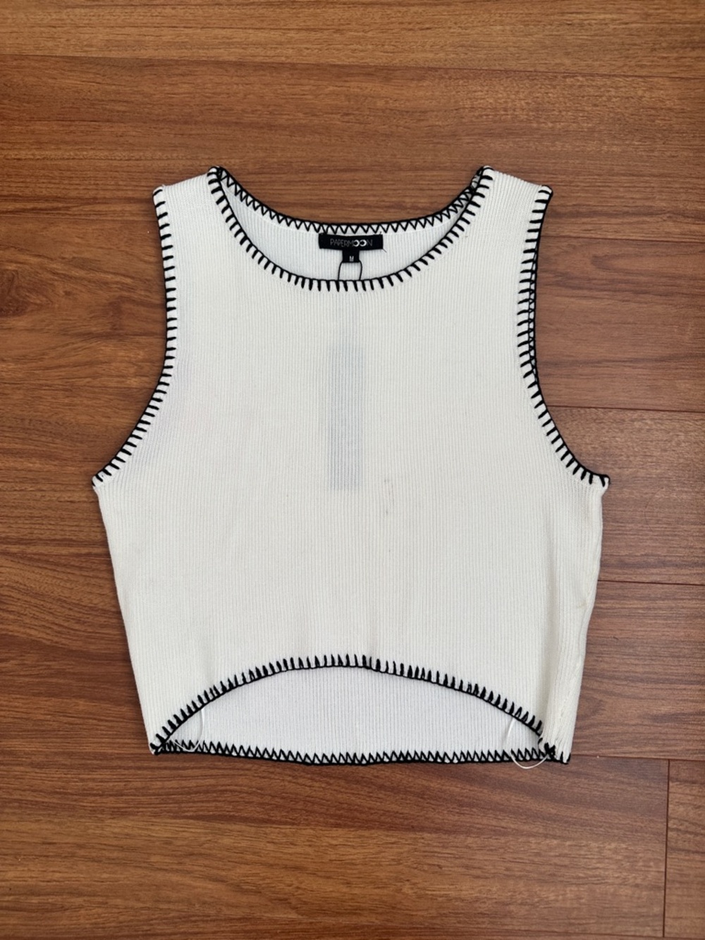 White Ribbed Crop Tank with Black Contrast Stitching